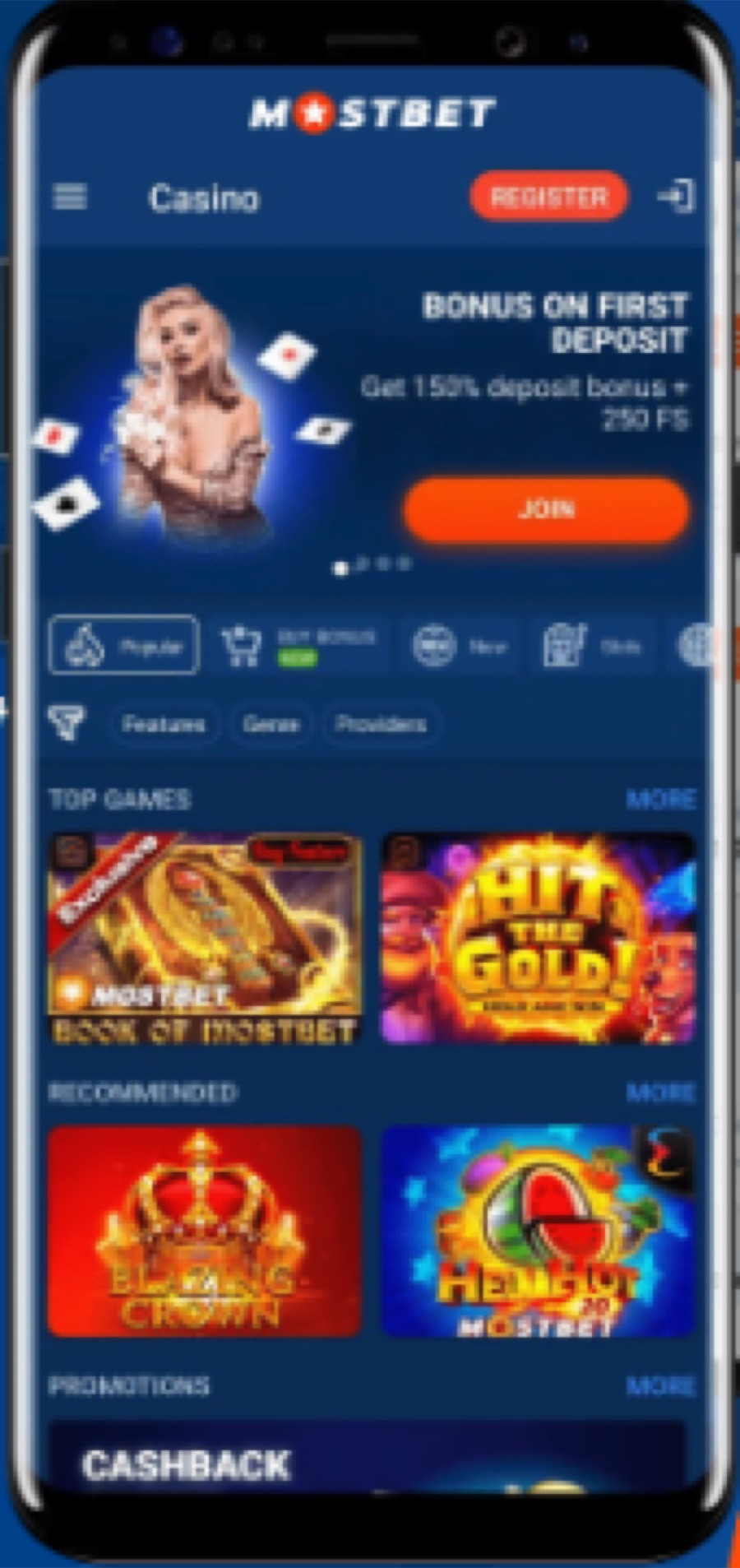 Close-up Mostbet casino screen on a phone showing promotions, game tiles, and a compact mobile navigation layout