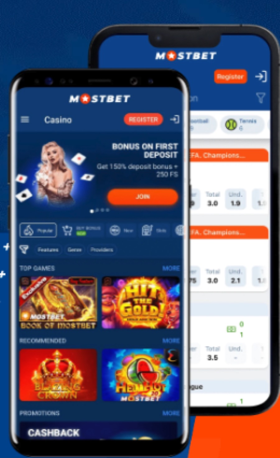 Mostbet casino screen on a phone showing app-style navigation, bonus banners, and game categories in a vertical mobile layout
