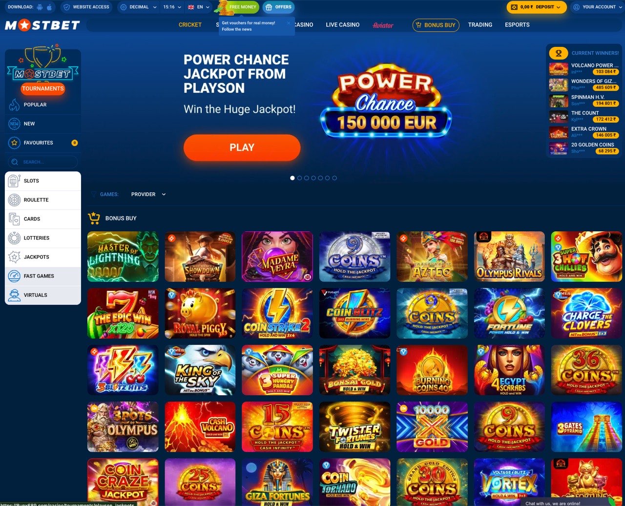 Mostbet casino lobby on the website showing tournament banners, jackpot tiles, and a dense slot grid