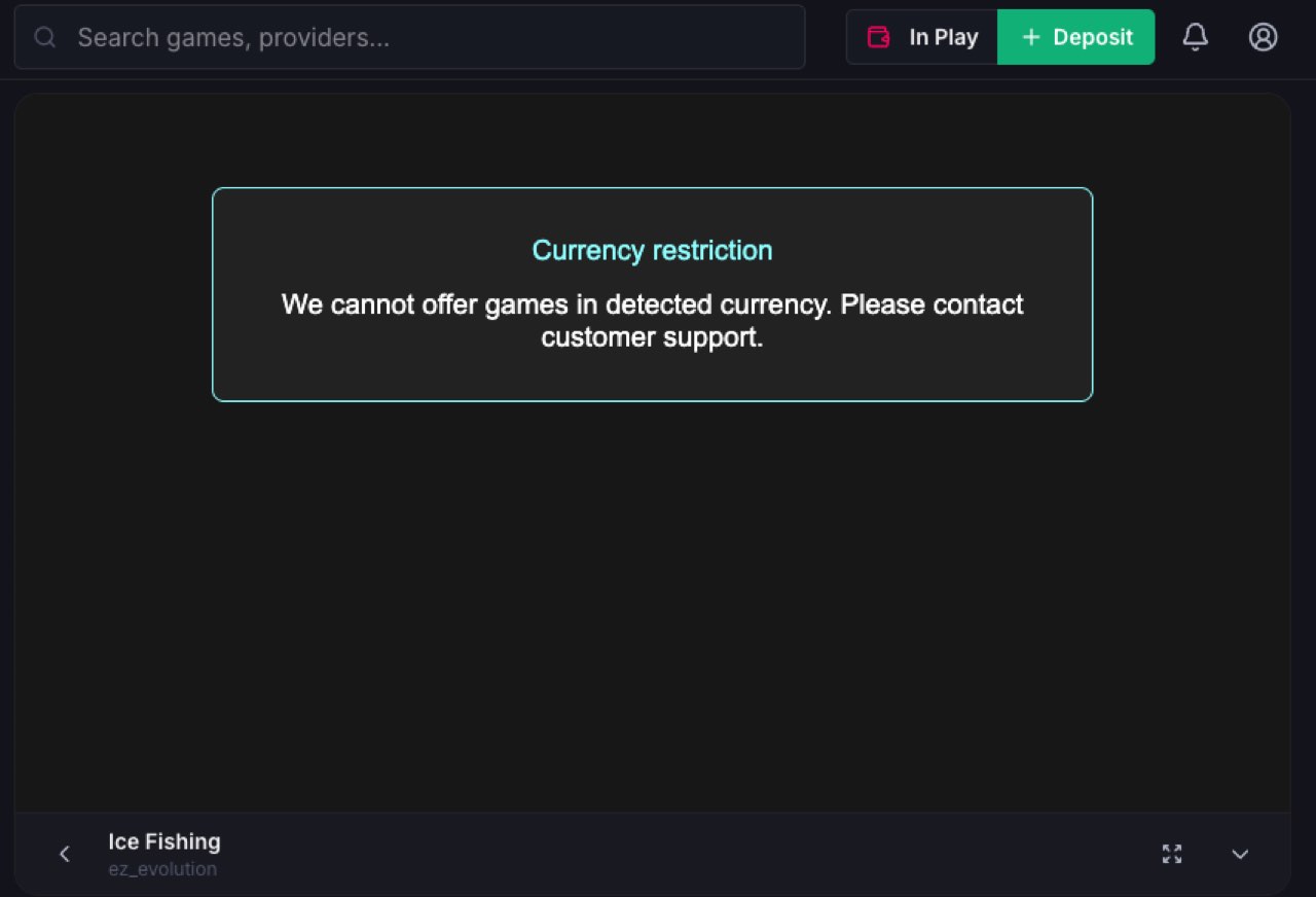 Game screen showing a currency restriction error and a prompt to contact customer support