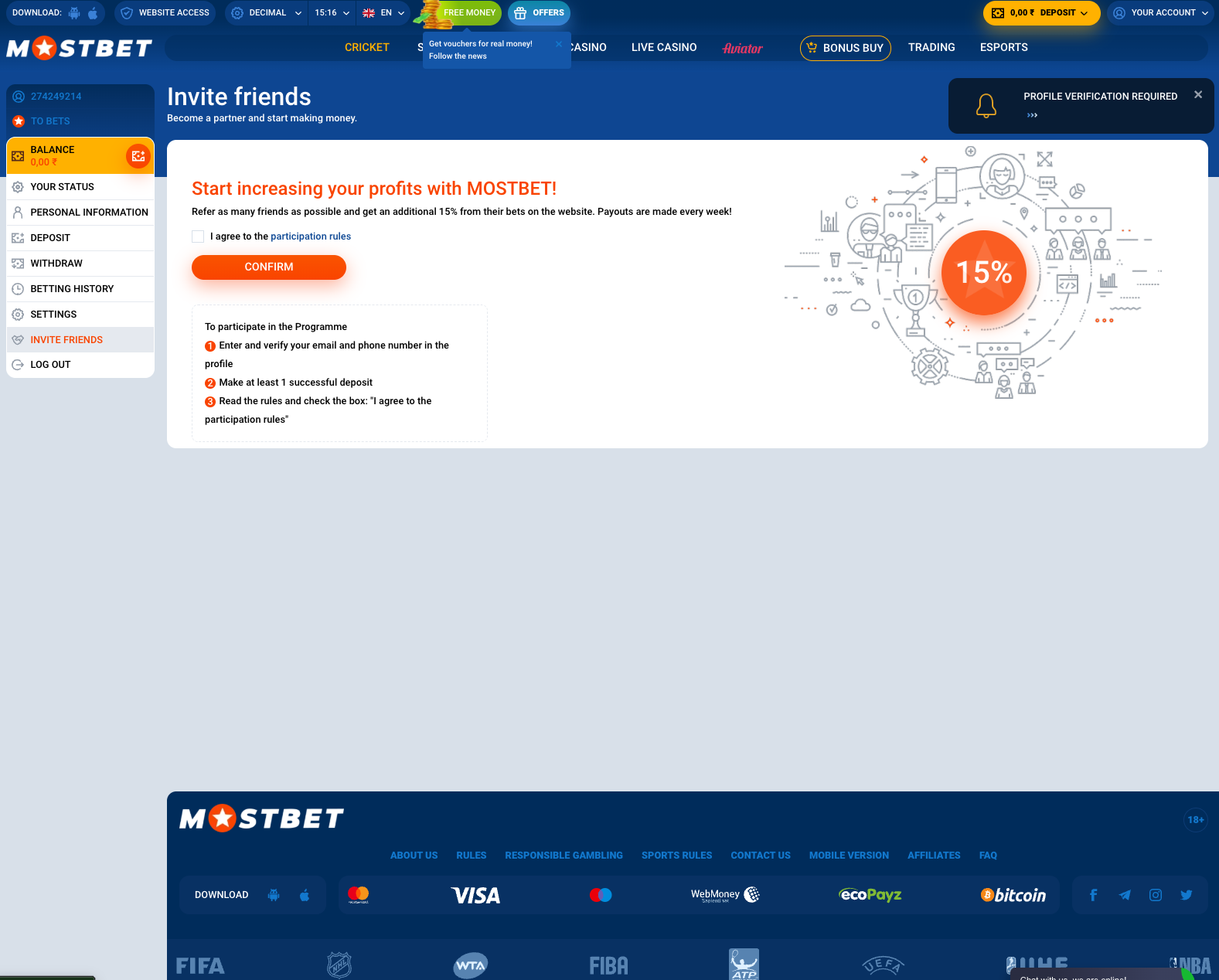 Mostbet account area on the website showing the invite-friends referral program screen with the 15 percent partner reward panel