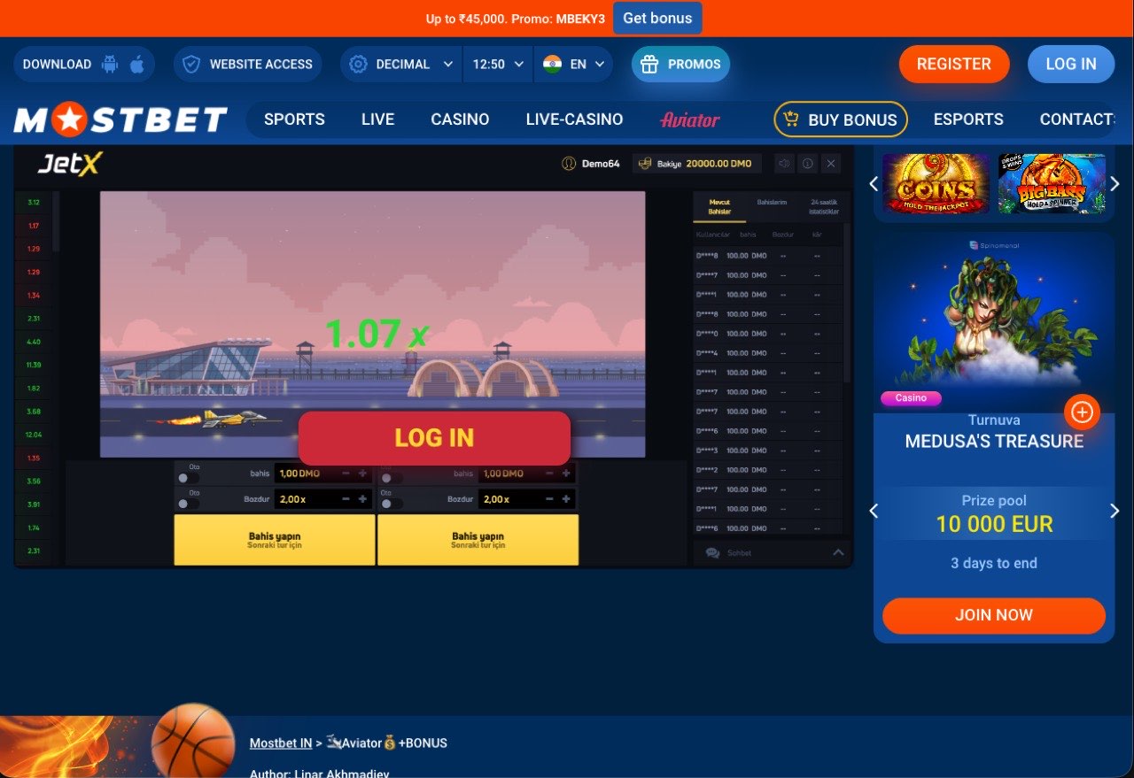 Mostbet JetX crash-game page on the website showing the game canvas, side widgets, and login overlay