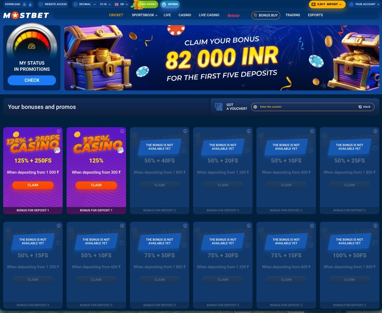 Mostbet bonus page on the website showing claimable and locked bonus cards across multiple deposit stages