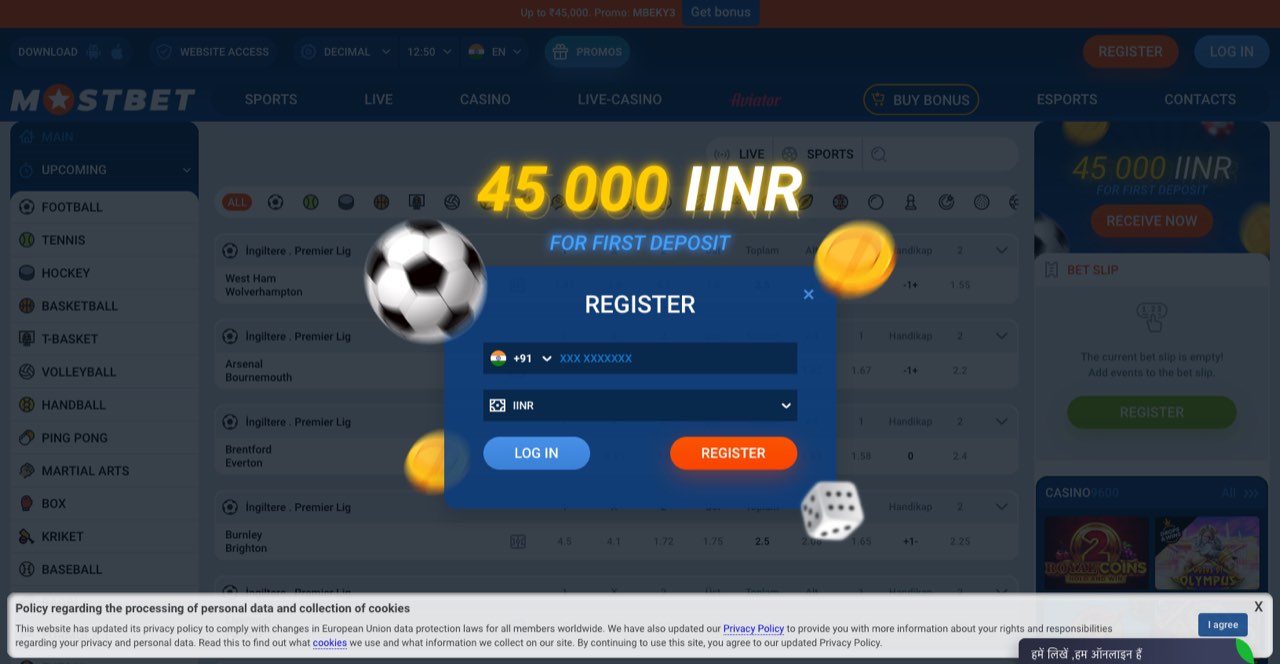 Mostbet registration and login modal showing the sign-in fields and welcome-offer overlay