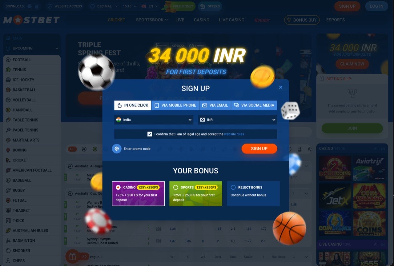 Mostbet registration modal on the website showing one-click, phone, email, and social sign-up methods together with welcome-bonus options