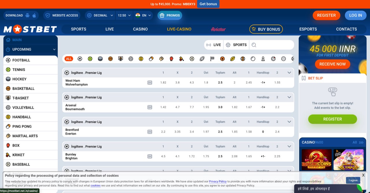 Mostbet sportsbook markets with match odds and the bet slip panel visible on the right side