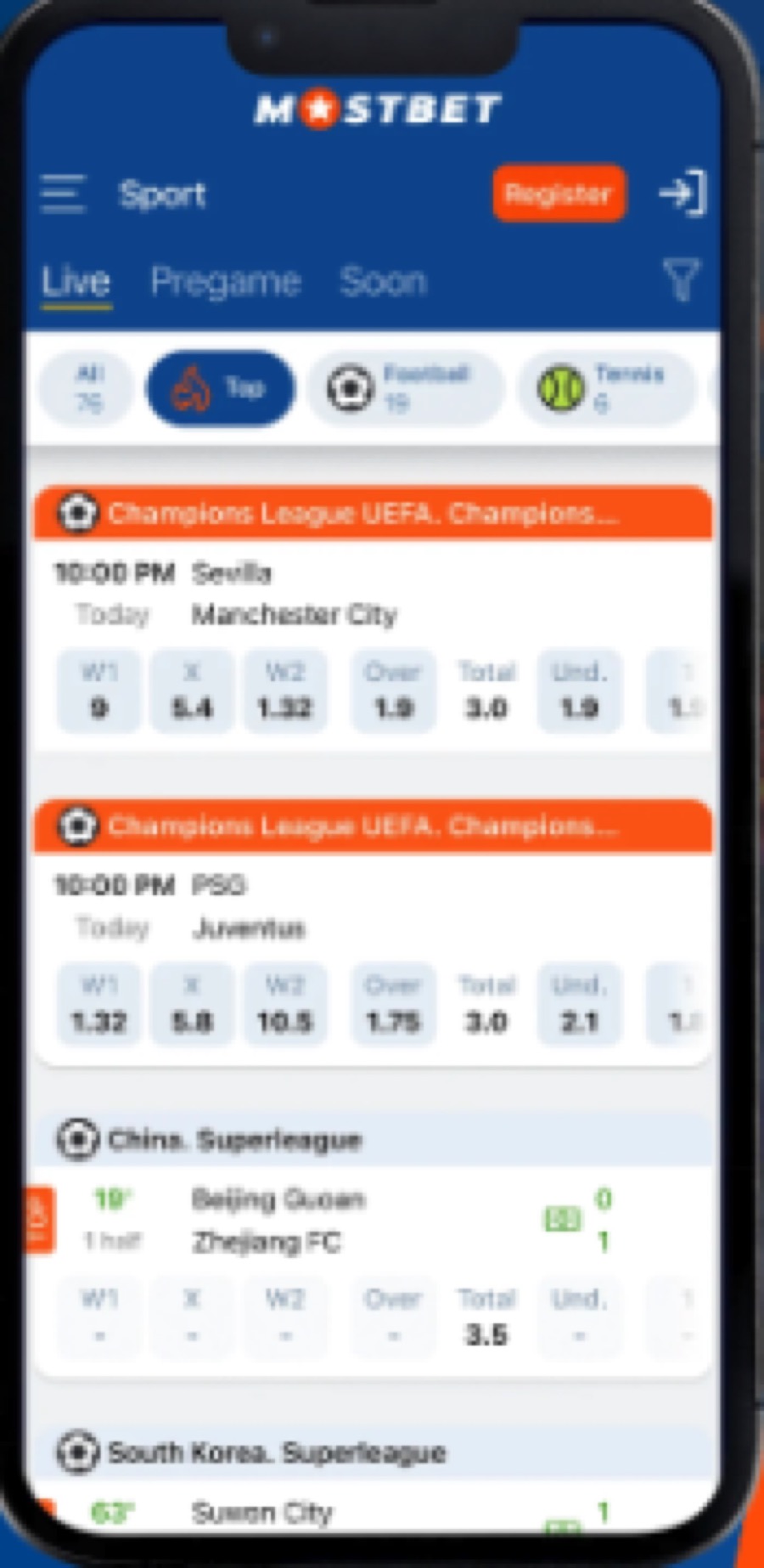 Mostbet sports app screen on a phone showing the live tab, top sports filters, and the mobile betting feed